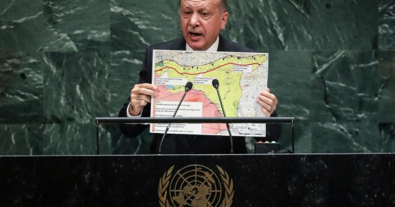 President of Turkey Recep Tayyip Erdogan holds up a map of the safe zone Turkey in in favor of while speaking to the United Nations General Assembly at UN headquarters on September 24, 2019 in New York City. 