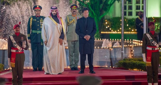 Crown Prince of Saudi Arabia Mohammad bin Salman is welcomed by Prime Minister of Pakistan Imran Khan ahead of their meeting in Islamabad, Pakistan on February 17, 2019.