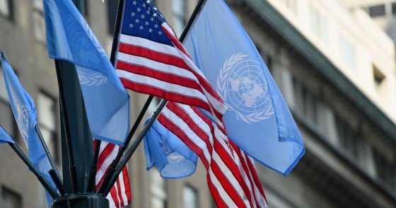 Flags of the United Nations and the United States of America are seen on September 23, 2019 in New York City.