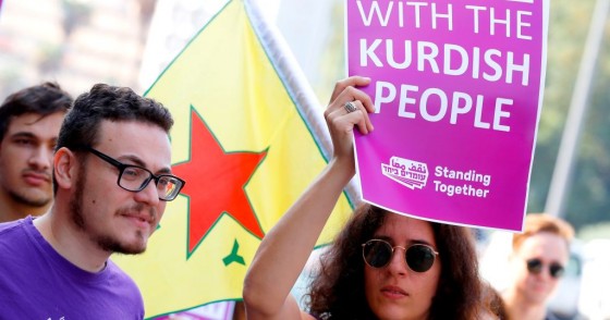 sraelis demonstrate against the Turkish military offensive in northeastern Syria on October 17, 2019 in front of the Turkish embassy in the Israeli coastal city of Tel Aviv.