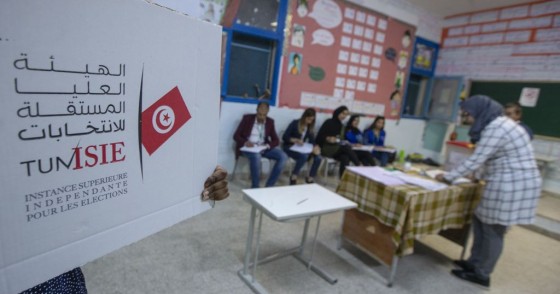  Returning officers count the votes at a polling station after voting for parliamentary elections has ended in Tunis, Tunisia on October 06, 2019. 