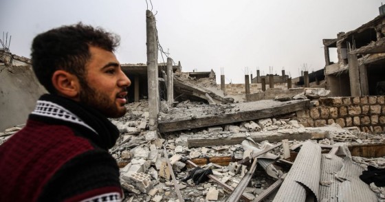  A man is seen around debris of buildings after warplanes belonging to Assad Regime hit Ma'ar Shoreen village, in Ma'arat al-Nu'man district of of Idlib, de-escalation zone, Syria on December 15, 2019. 