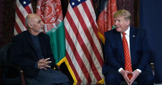 US President Donald Trump holds a bilateral meeting with Afghan's President Ashraf Ghani at Bagram Air Field during a surprise Thanksgiving day visit, on November 28, 2019 in Afghanistan.