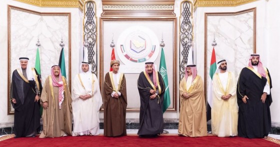 Saudi Arabian King Salman bin Abdulaziz al-Saud (C) poses for a family photo with Emir of Dubai Sheikh Mohammed bin Rashid Al Maktoum (2nd R), Crown Prince of Saudi Arabia Mohammad bin Salman (R), Bahrain King Hamed bin Isa Al Khalifa (3rd R), Oman Deputy Prime Minister Fahd bin Mahmoud Al Said (4th L) and Kuwaiti Emir Sheikh Jaber al-Ahmad al-Sabah (2nd L) prior to the 40th Gulf Cooperation Council (GCC) annual summit in Riyadh, Saudi Arabia on December 10, 2019.