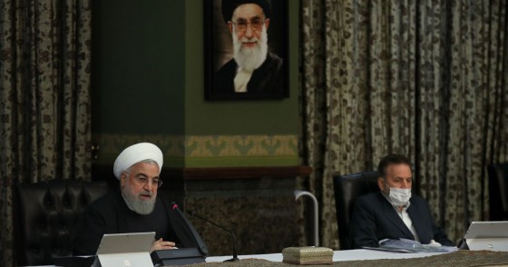 Iranian President Hassan Rouhani makes a statement on coronavirus, at the cabinet meeting in Tehran, Iran on March 11, 2020. Except President Rouhani, all of the members of the cabinet participated in the meeting with protective masks. 