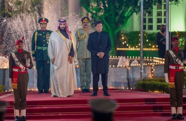 Crown Prince of Saudi Arabia Mohammad bin Salman is welcomed by Prime Minister of Pakistan Imran Khan ahead of their meeting in Islamabad, Pakistan on February 17, 2019.