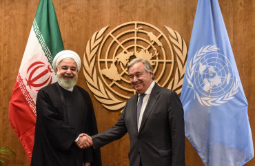 The President of Iran Hassan Rouhani shakes hands with UN Secretary-General António Guterres during the United Nations General Assembly at the United Nations on September 25, 2019 in New York City.