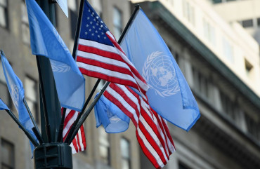 Flags of the United Nations and the United States of America are seen on September 23, 2019 in New York City.