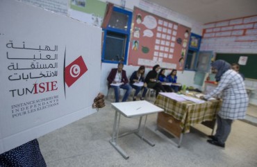  Returning officers count the votes at a polling station after voting for parliamentary elections has ended in Tunis, Tunisia on October 06, 2019. 
