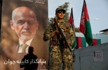 Security stands guard at the Ghani headquarters on September 29, 2019 in Kabul, Afghanistan. 