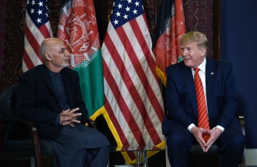 US President Donald Trump holds a bilateral meeting with Afghan's President Ashraf Ghani at Bagram Air Field during a surprise Thanksgiving day visit, on November 28, 2019 in Afghanistan.