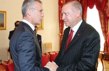 President of Turkey, Recep Tayyip Erdogan (R) receives North Atlantic Treaty Organization (NATO) Secretary General, Jens Stoltenberg (L) in Istanbul, Turkey on October 11, 2019. 