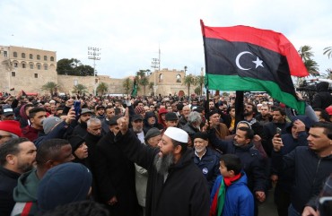 Thousands of people gather at Martyr's Square within a funeral ceremony held after an airstrike on a military school in the south of the Libyan capital of Tripoli by jets loyal to renegade military commander Khalifa Haftar, in Tripoli, Libya on January 05, 2020. 