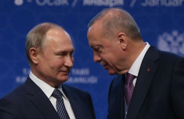 Russian President Vladimir Putin (L) and Turkish President Recep Tayyip Erdogan (R) attend the opening ceremony of the TurkStream on January 08, 2020 in Istanbul, Turkey.
