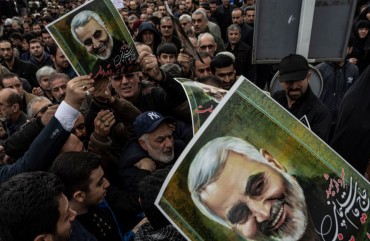 People are protesting against the death of General Qasem Soleimani while holding his portrait. After the killing of General Qasem Soleimani, commander of Quds Force by the US Army in Iraq, people throughout Iran and the city of Rasht mourned him on the streets. 