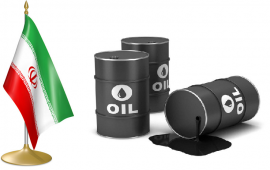 Iranian flag and oil barrels, one spilling into a black puddle