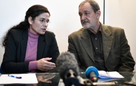 Two top political leaders of the Syrian Kurdish alliance and co-chairs of the Syrian Democratic Council Riad Darar (R) and Ilham Ahmed (L) speak together while delivering a speech during a press-conference, in Paris, on December 21, 2018.