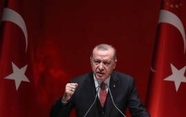 Turkish President Recep Tayyip Erdogan addresses a meeting of provincial election officials at the headquarters of his ruling AK Party in Ankara on January 29, 2019.