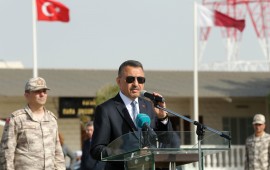 Turkish Vice President Fuat Oktay makes a speech during his visit at the Qatari-Turkish Armed Forces Land Command Base in Doha, Qatar on March 27, 2019. 