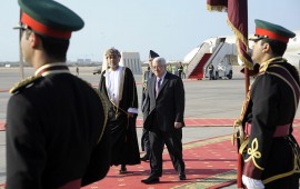In this handout from the Palestinian Press Office, Palestinan President Mahmoud Abbas (R) meets with Oman's Sultan Qaboos bin Said on January 14, 2010 in Muscat, Oman. 