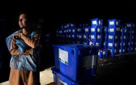  Afghan workers move ballot boxes to trucks getting ready for the Presidential elections in five days in Kabul, Afghanistan on September 23, 2019. 