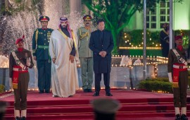 Crown Prince of Saudi Arabia Mohammad bin Salman is welcomed by Prime Minister of Pakistan Imran Khan ahead of their meeting in Islamabad, Pakistan on February 17, 2019.