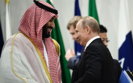 Saudi Arabia's Crown Prince Mohammed bin Salman and Russia's President Vladimir Putin attend a meeting at the G20 Summit in Osaka on June 28, 2019. (Photo by Brendan Smialowski / AFP) (Photo credit should read BRENDAN SMIALOWSKI/AFP/Getty Images)