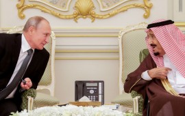 Russia's President Vladimir Putin (L) and King Salman bin Abdulaziz Al Saud of Saudi Arabia at a ceremony to sign joint documents following Russian-Saudi talks at the Al-Yamamah Royal Palace. 