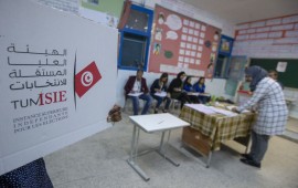  Returning officers count the votes at a polling station after voting for parliamentary elections has ended in Tunis, Tunisia on October 06, 2019. 