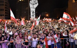 People gather stage an anti government protest in Beirut, Lebanon on November 10, 2019. 