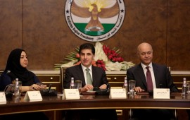 President of Iraqi Kurdish Regional Government (KRG), Nechirvan Barzani (C), President of Iraq Barham Salih (R) and Speaker of the parliament Rewaz Faiaq (L) attend a meeting on the current developments in Iraq on November 05, 2019 in Erbil, Iraq.