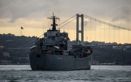 Russian Tapir class landing warship BSF Nikolay Filchenkov 152 passes the Bosphorus Strait off Istanbul on October 18, 2016.
