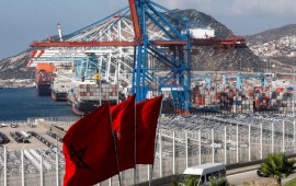 This picture taken on June 28, 2019 shows a view of container cranes at terminal I of the Tanger Med port in the northern city of Tangiers on the Strait of Gibraltar