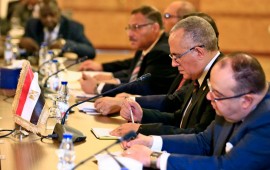 Egyptian Water Resources Minister Mohamed Abdel Aati (2nd R) participates with a delegation in the "Renaissance Dam" trilateral negotiations with his Sudanese and Ethiopian counterparts (unseen) in the Sudanese capital Khartoum on October 4, 2019.