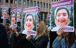 Women protest femicide before the trial regarding the death of Sule Cet, who was allegedly killed by being thrown off the 20th floor of a luxury building in Ankara, on November 8, 2018. 