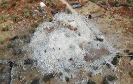 An aerial view taken on November 1, 2019, shows the site where the Islamic State group leader Abu Bakr al-Baghdadi was reportedly killed according to US president Donald Trump, in a daring nighttime raid by US special forces near the small village of Barisha in northwestern Syria.