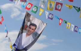 A picture shows election flags displaying imprisoned Selahattin Demirtas, Presidential candidate and leader of People's Democratic Party (HDP) in Ankara, on June 19, 2018.