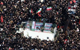 A drone photo shows thousands of Iranians attend the funeral ceremony of Qasem Soleimani, commander of Iranian Revolutionary Guards' Quds Forces, who was killed in a U.S. drone airstrike in Iraq, in Tehran, Iran on January 06, 2020. 