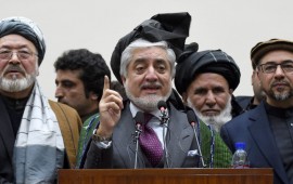 Afghan presidential election opposition candidate Abdullah Abdullah (C) gestures as he takes part in a press conference after the announcement of the final presidential elections results at the Sapedar Palace in Kabul on February 18, 2020. 