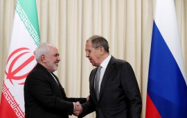 MOSCOW, RUSSIA - DECEMBER 30, 2019: Iran's Foreign Minister Mohammad Javad Zarif (L) and Russia's Foreign Minister Sergei Lavrov shake hands during a press conference following their meeting at the Russian Foreign Ministry's Reception House in Spiridonovka Street. Vladimir Gerdo/TASS (Photo by Vladimir Gerdo\TASS via Getty Images)