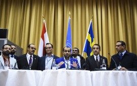 Rebel negotiator Mohammed Abdelsalam (C) holds a press conference together with members of the delegation following the peace consultations taking place at Johannesberg Castle in Rimbo, north of Stockholm, Sweden, on December 13, 2018. - Yemen's government and rebels have agreed to a ceasefire in flashpoint Hodeida, where the United Nations will now play a central role, the UN chief said. (Photo by Jonathan NACKSTRAND / AFP) (Photo credit should read JONATHAN NACKSTRAND/AFP via Getty Images)