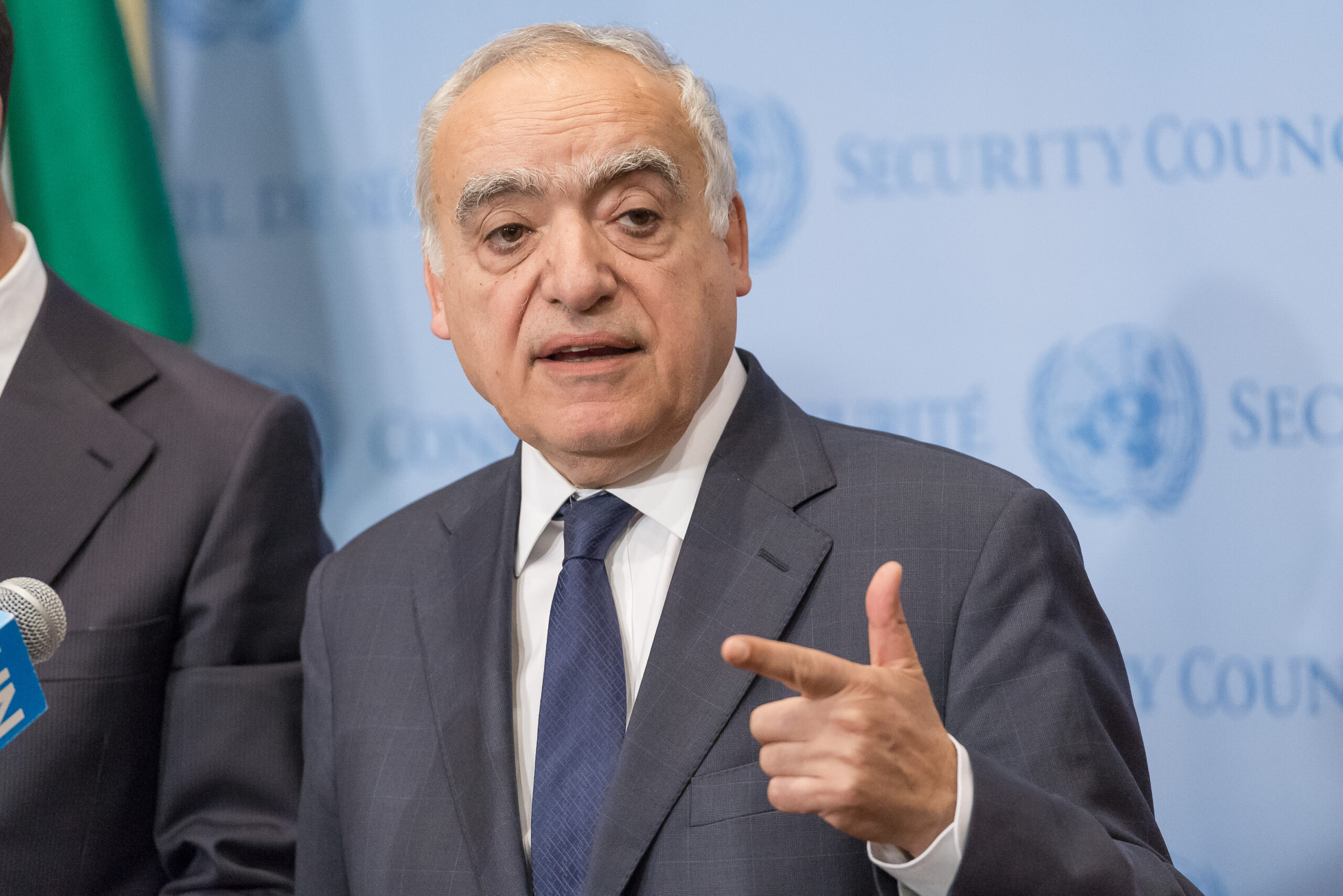 Ghassan Salamé, UN Special Representative and Head of the UN Support Mission in Libya (UNSMIL), is seen at the Security Council stakeout. Following a United Nations Security Council meeting regarding the situation in Libya, Italian Foreign Minister Angelino Alfano acting as Security Council President and UN Support Mission in Libya (UNSMIL) Head Ghassan Salamé spoke at the Security Council stakeout at UN Headquarters.
