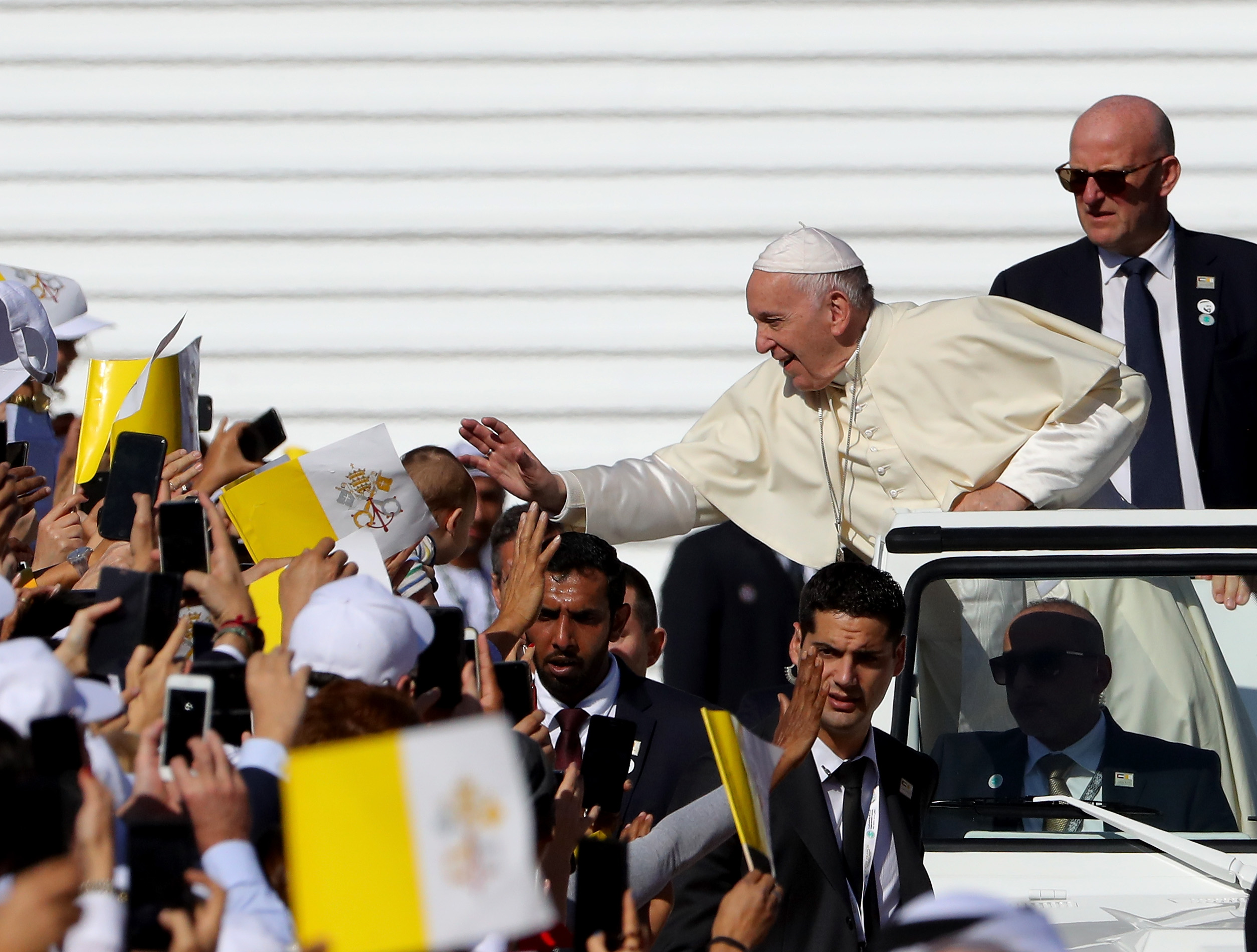 Pope Francis arrives to celebrate Mass at Zayed Sport City on February 5, 2019 in Abu Dhabi, United Arab Emirates.