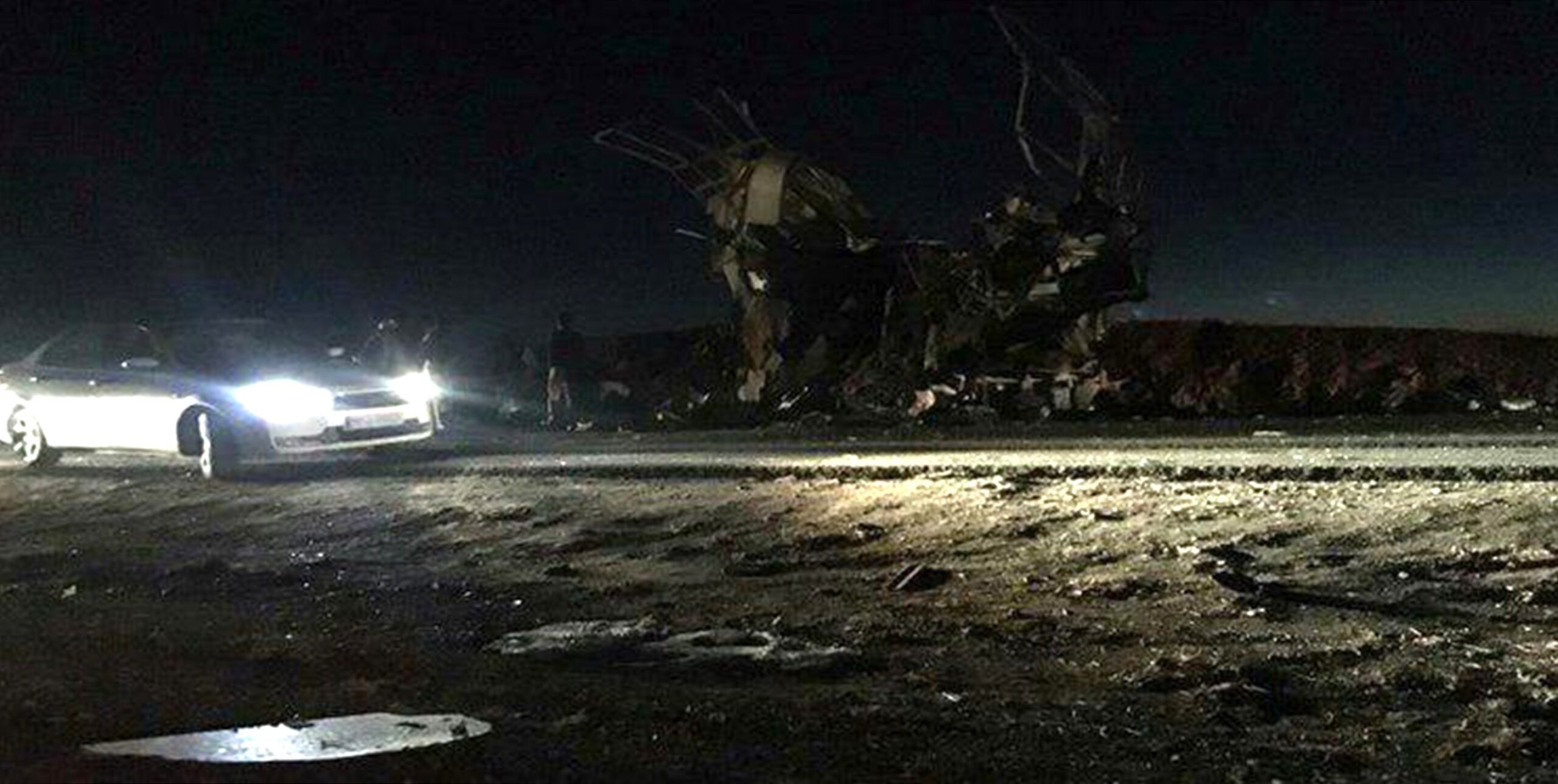 Scene of the suicide attack on a Revolutionary Guards bus on Khash-Zahedan road in Iran's Sistan and Baluchestan Province on February 13, 2019. At least 20 members of Iran's Revolutionary Guards were killed in a suicide bombing in southeastern Iran. 