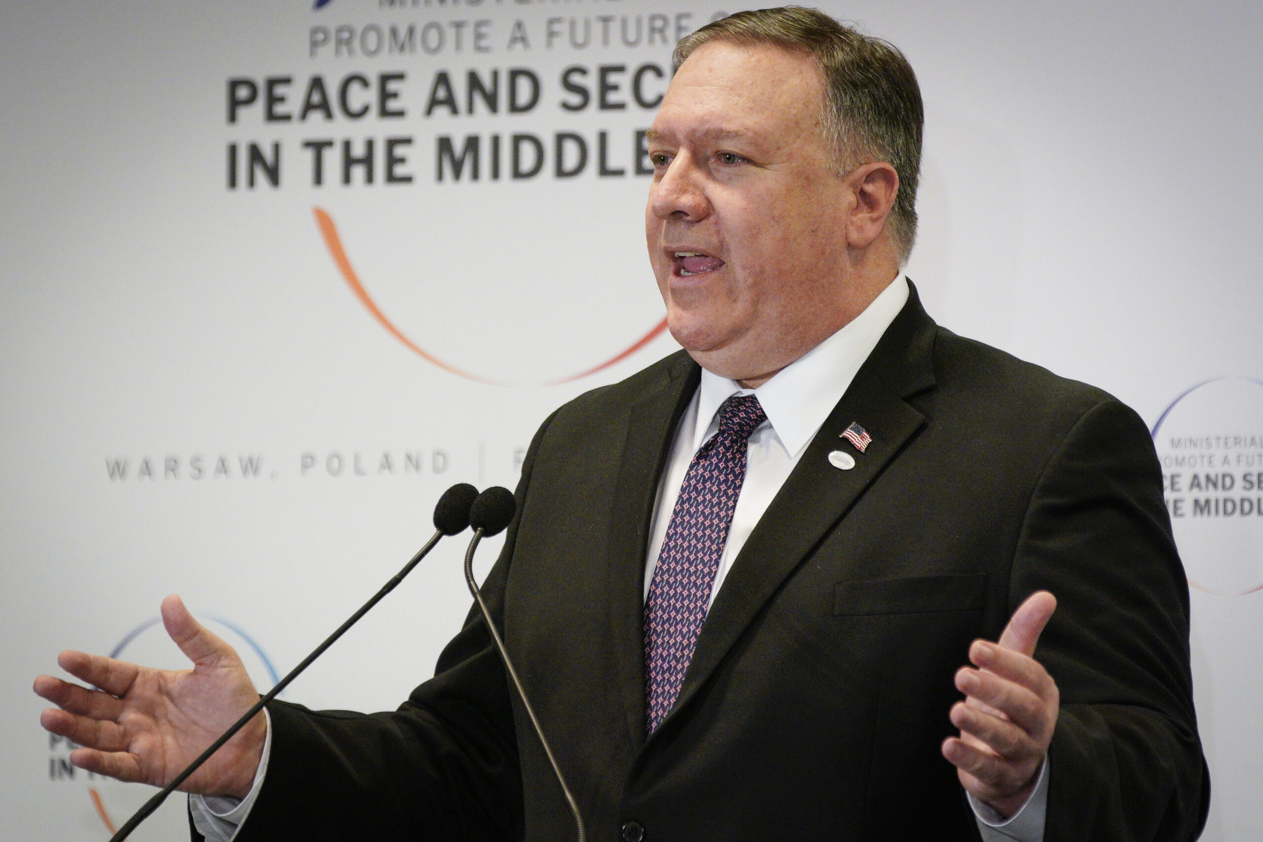 US Secretary of State Mike Pompeo speaks at the final press conference of the Middle East summit in Warsaw, Poland on February 14, 2019.