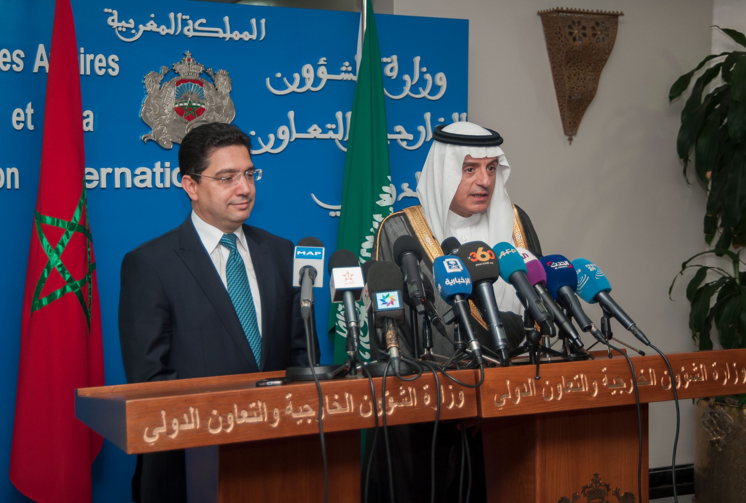 Minister of Foreign Affairs of Saudi Arabia Adel al-Jubeir (R) and Morocco's Minister of Foreign Affairs and International Cooperation Nasser Bourita (L) hold a joint press conference after their meeting in Rabat, Morocco on May 8, 2017. 