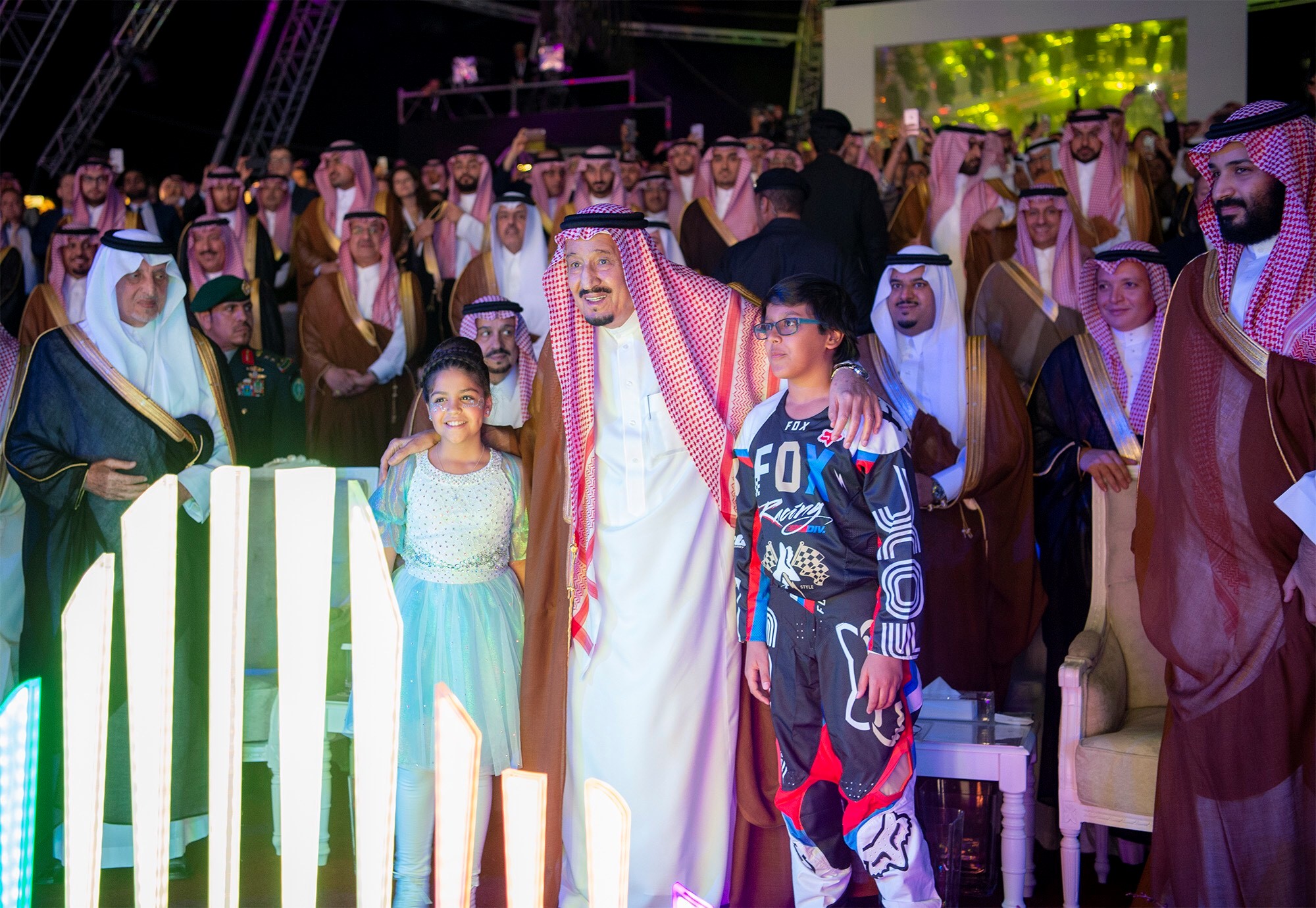 Saudi Arabian King Salman bin Abdulaziz Al Saud (2nd R) and Crown Prince and Defense Minister of Saudi Arabia Mohammad bin Salman al-Saud (R) attend the opening ceremony of the Qiddiya project, which is planned to be Saudi Arabia's biggest cultural, sports and entertainment site, in Riyadh, Saudi Arabia on April 28, 2018.