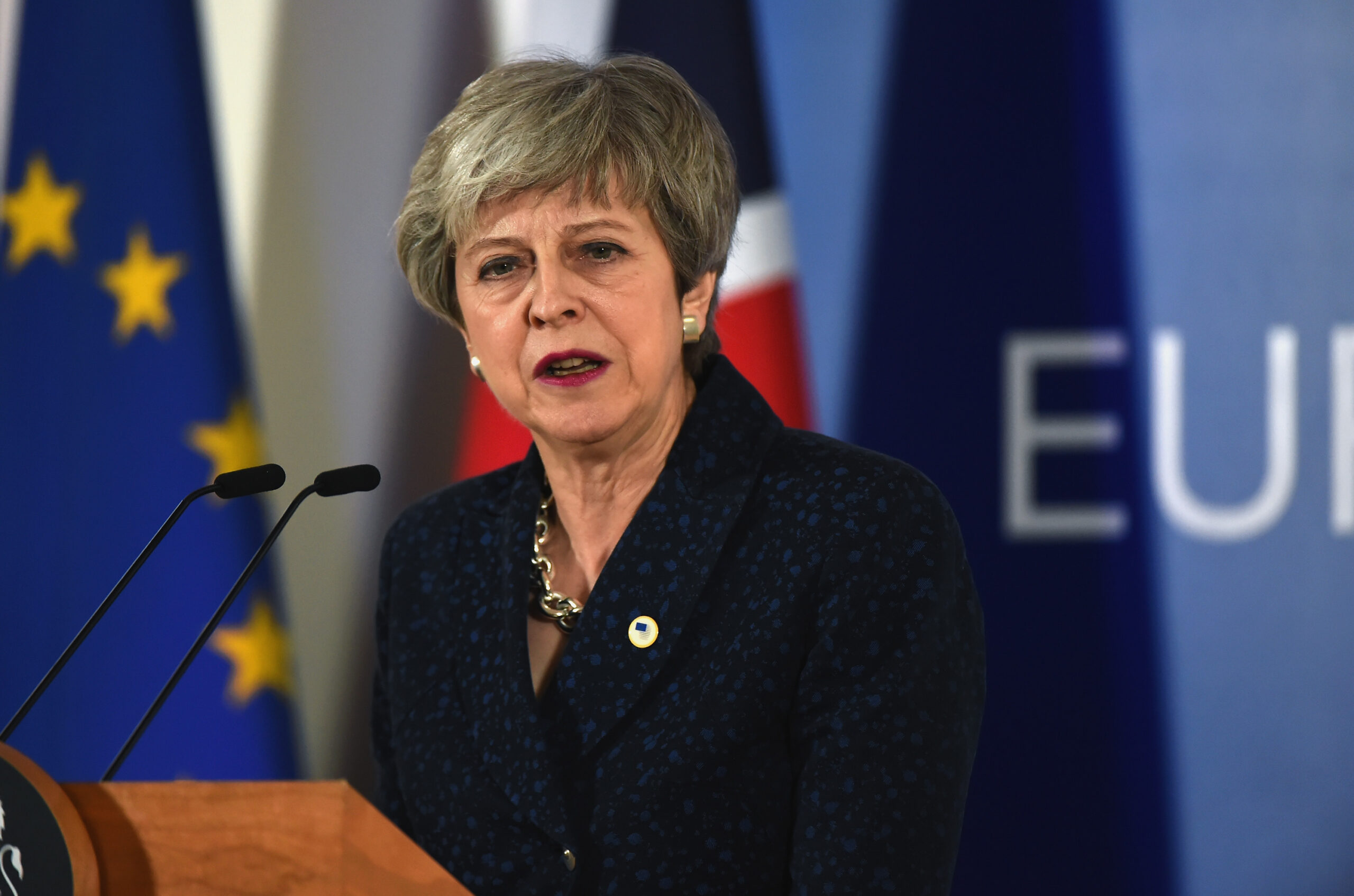 British Prime Minister Theresa May speaks to the during the press conference at the end of the first day of the summit of European Union leaders on March 21, 2019 in Brussels, Belgium.