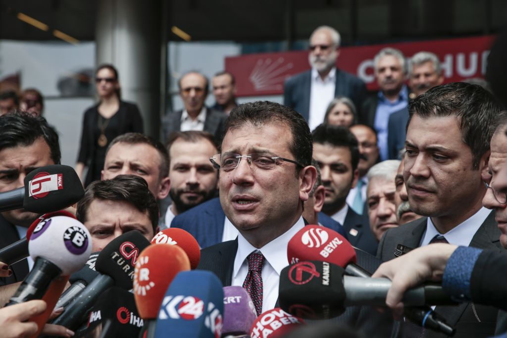 Ekrem Imamoglu speaks to press members outside the headquarters of CHP after party's extraordinary caucus meeting in Ankara, Turkey on May 7, 2019.