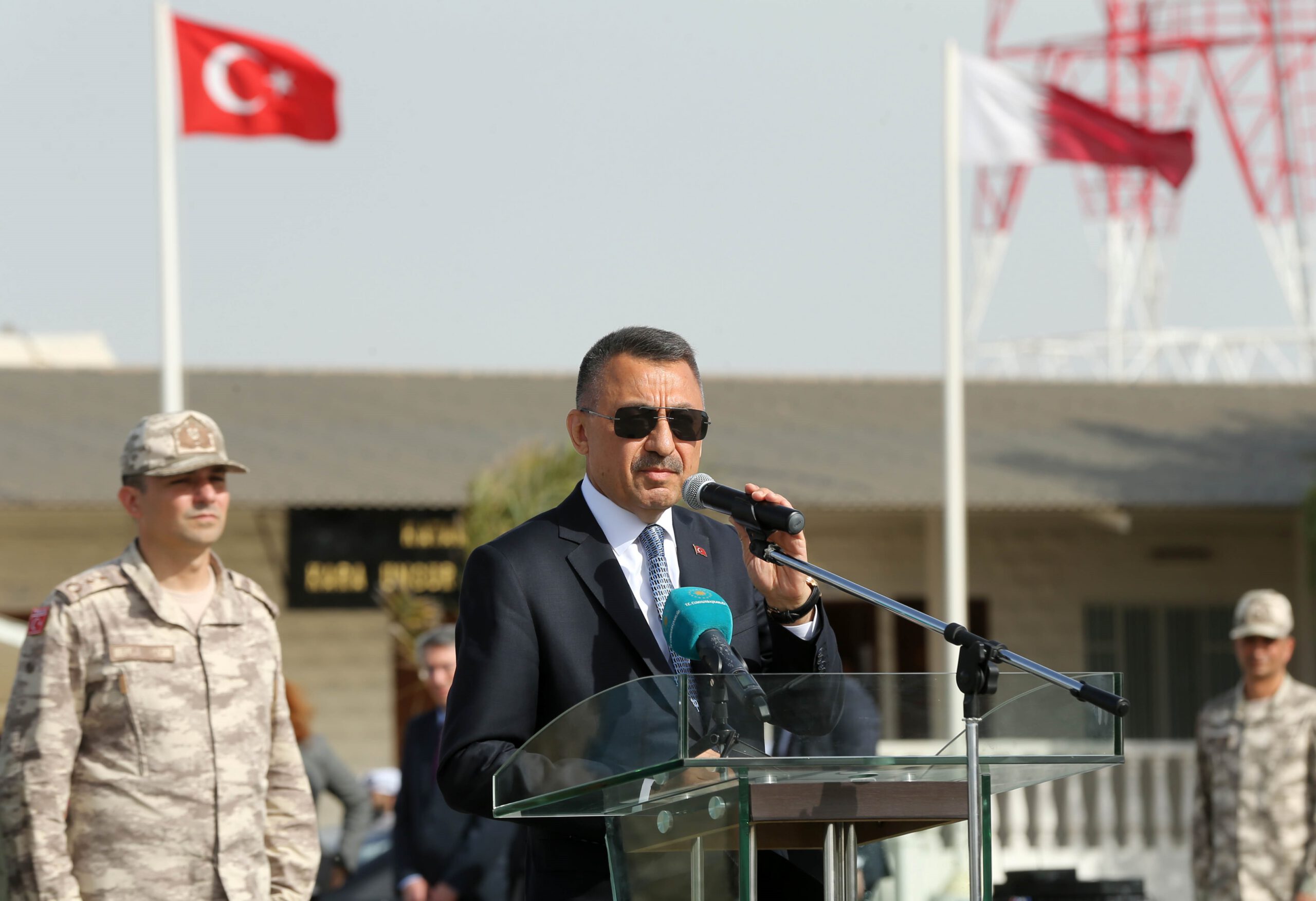 Turkish Vice President Fuat Oktay makes a speech during his visit at the Qatari-Turkish Armed Forces Land Command Base in Doha, Qatar on March 27, 2019. 
